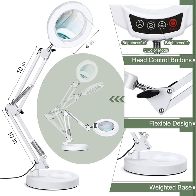 12X Magnifying Glass with Light and Stand, Upgrade Button 5 Color Modes Stepless Dimmable, 2-in-1 LED Lighted Magnifier Light, Hands Free Desk Lamp with Clamp for Craft Hobby Close Work - White