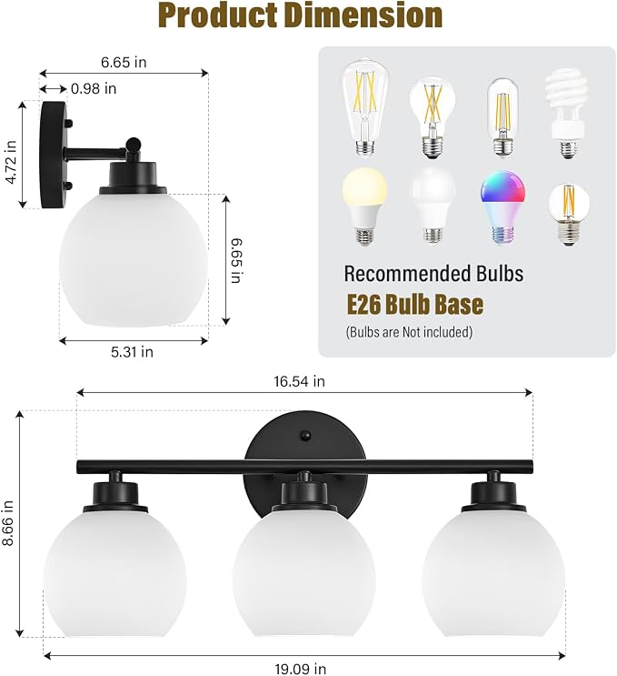 Matte Black Bathroom Light Fixtures, 3-Light Vanity Light Over Mirror | Modern Bathroom Lighting Over Mirror, Wall Sconces, Milky White Globe Glass Shades, E26 Socket,ETL Listed