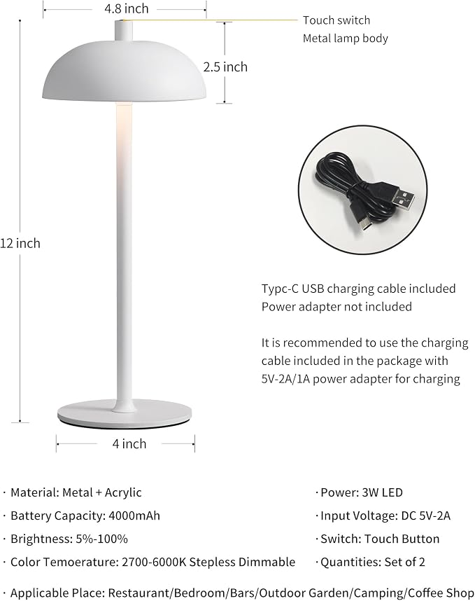 12" Cordless Table Lamps Set of 2, White Modern Portable Desk Lamp | LED, 3 Color Dimming, Rechargeable, Battery Operated Lights for Bedroom, Outdoor, Restaurant, Bedside, Night Light, Gifts