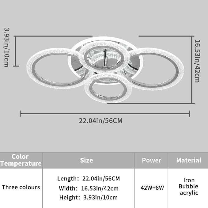 Garwarm Modern LED Flush Mount Ceiling Light with Remote, 4 Ring Chrome 58W | Low Profile Ceiling Light Fixture,Dimmable 3000K-6000K Adjustable Color Temperature,Bubble Acrylic, for Living Room, Bedroom
