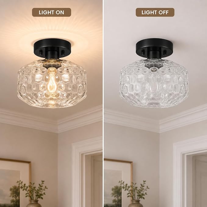 DSMJFU Black Semi Flush Mount Ceiling Light, Vintage Small Ceiling Light Fixture, Hallway Lighting Fixture with Hammered Glass, Kitchen Ceiling Mount Light for Entry Way, Bedroom, Bathroom