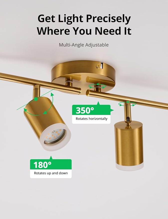 Bojim Track Lighting Fixtures Ceiling Mount for Kitchen, Gold 4 Way LED Spot Lights Indoor, Flexible Modern Track Light GU10 Socket for Dining Room, Bulbs Not Included