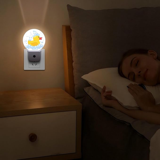 Round LED Night Light,Cartoon Yellow Rubber Duck LED Night Light Plug into Wall with Dusk to Dawn Light Sensor White Energy Efficient Nightlight for Bedroom Bathroom Hallway LivingRoom Kitchen