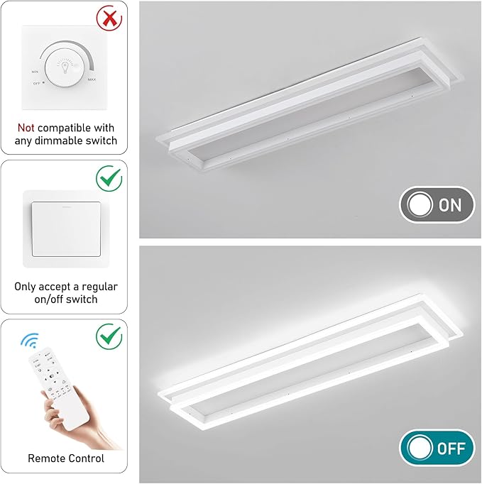 Dimmable Led Ceiling Light with Remote Control 31.5in Modern Linear Flush Mount Ceiling Lighting Fixture Acrylic Long Ceiling Lamp for Living Room Kitchen Dining Room Hallway (White, 2 Packs)