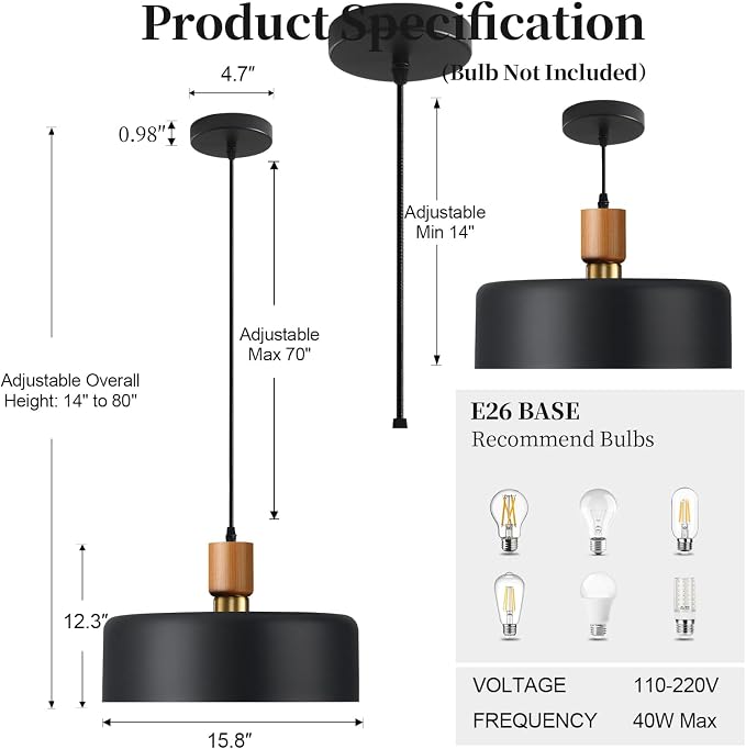 15.8" Black Pendant Light, Large Oversized Walnut Oak Wood & Brass Drum Shade
