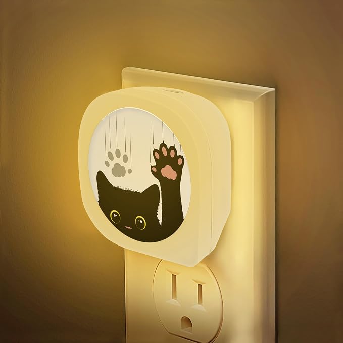 Black Cat Night Light, Cute Funny Cat Dusk to Dawn Round Lamp Auto Sensor for Bathroom Hallway Living Room, ZLU03064