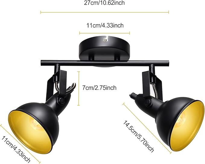 HiBay 2-Light Track Lighting Fixtures, Industrial Ceiling Wall Spot Lights Kit, Flexible LED Spotlights Black for Kitchen Bedroom Bedside Picture, E12 Base (Bulbs Not Included)