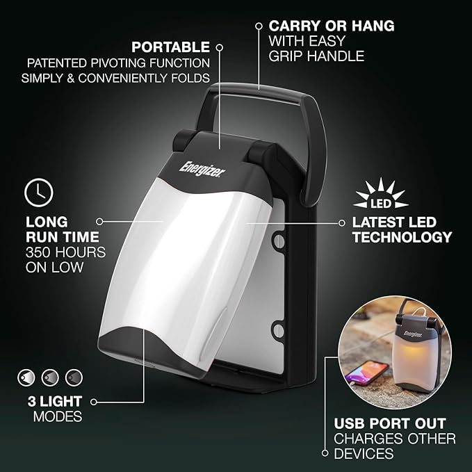 Energizer Weatheready Folding LED Portable Lantern, Battery Powered Lantern, Water Resistant Camping Lantern and Emergency Light, Pack of 1, Black