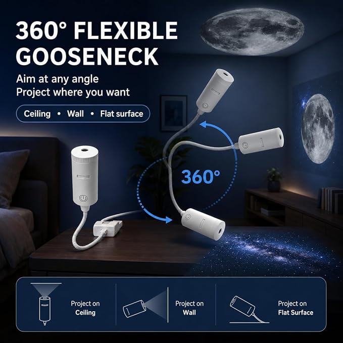 Stycove 5D Holographic Star & Night Light Projector，Black | Projects vivid galaxies & ocean scenes on bedroom ceiling. USB powered, 360° adjustable gooseneck. Plug and play setup.