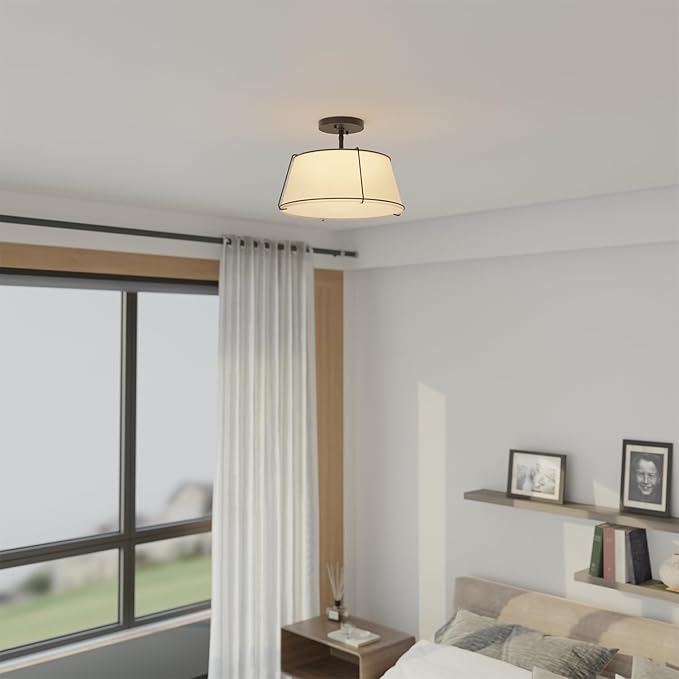 Globe Electric 2-Light Flush Mount Ceiling Light, Matte Black, White Fabric Shade with Acrylic Plate, Updated Traditional Style
