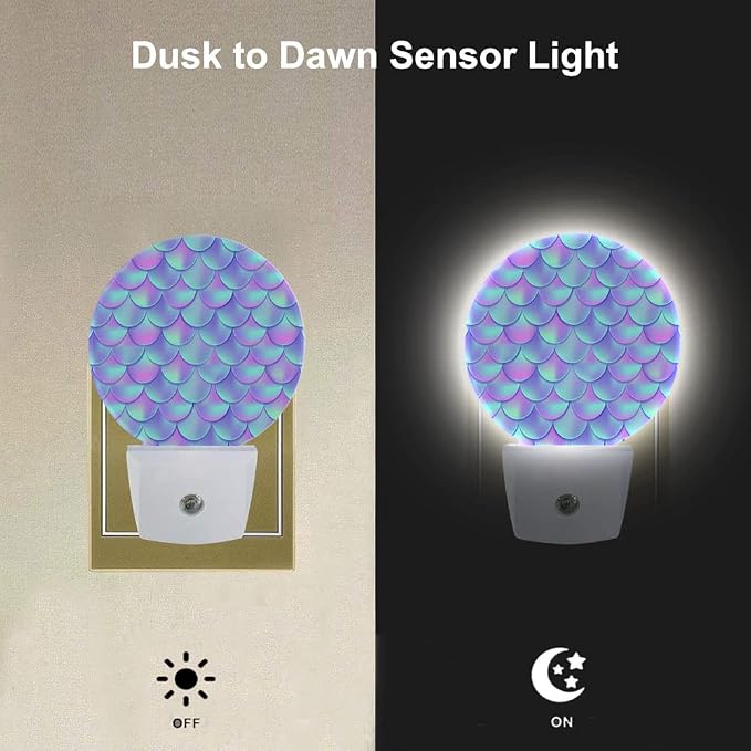 EKOBLA Mermaid Scales Night Light, Pink Purple and Blue Fish Scales Night Lights Plug Into Wall with Dusk to Dawn Sensor, Warm Nightlights for Bedroom, Bathroom, Hallway