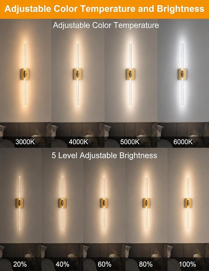 Rechargeable Wall Sconces Set of 2, Gold Crystal Bubble Wireless Wall Light | 10000mAh, Remote Control, 3000K-6000K Dimmable, 360° Adjustable, Ambient Lighting for Living Room, Bedroom, Picture, Bathroom