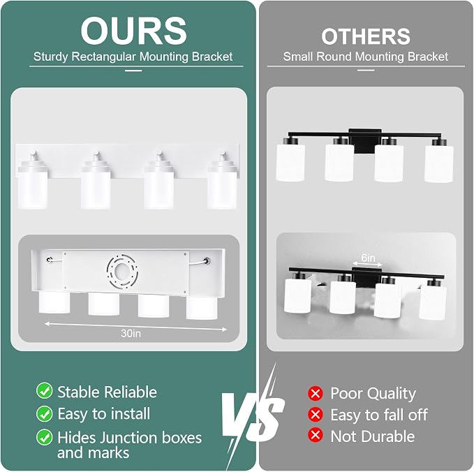 IZORRO Bathroom Vanity Light Fixture, 4-Light 30 Inch White Bathroom Light Fixtures Over Mirror, with White Glass Shade, Modern Farmhouse Vanity Lights, Rustic Restroom Lighting Fixtures
