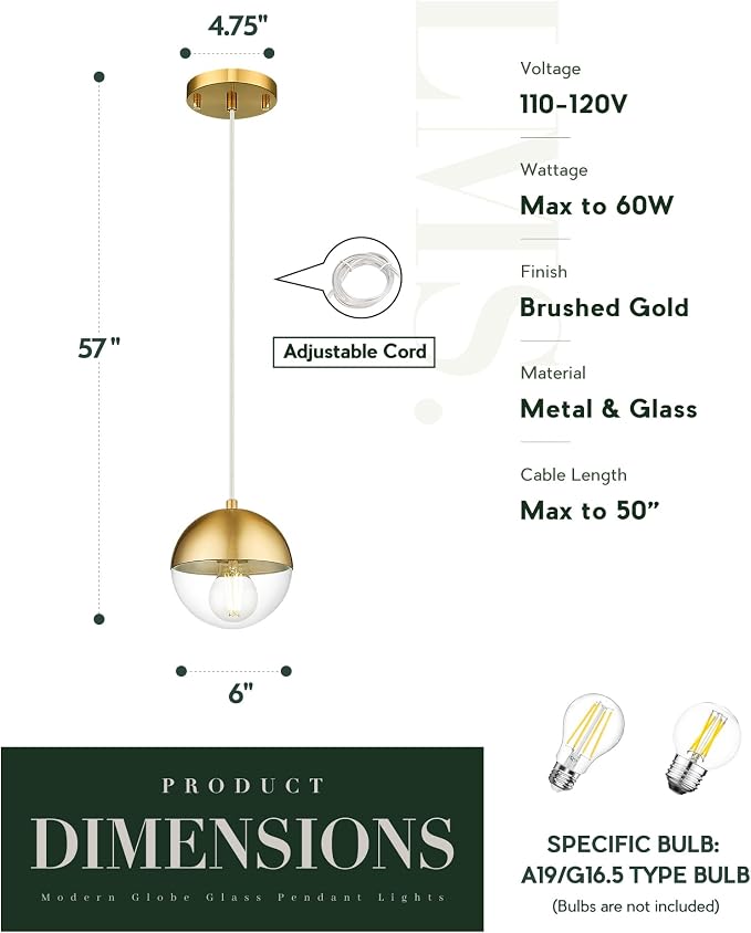6-inch Modern Pendant Light, Brushed Gold Industrial Kitchen Island Pendant Light with Clear Globe Glass, Adjustable Hanging Pendant Light Fixtures for Dining Room Living Room, LMS-186BGCS