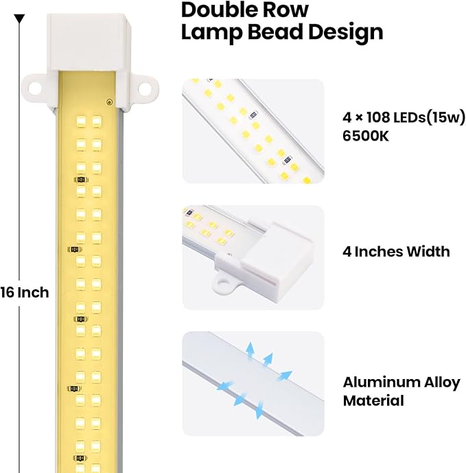 Grow Lights for Indoor Plants 6500K Full Spectrum Plant Strip Lights | 16" LED Plant Grow Light Strips with 432 LEDs, 3/6/12H Auto Timer, 6-Level Dimmable, 4-Pack