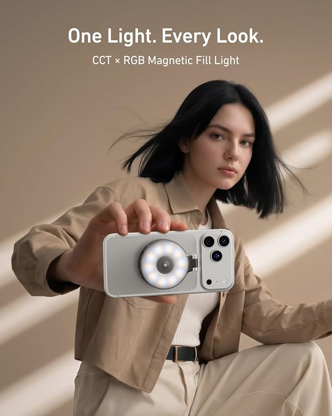 TELESIN Upgraded 4-in-1 Magnetic RGB Selfie Ring Light with Mirror & Phone Stand, Rechargeable Portable Clip On Fill Light for iPhone Samsung TikTok, Vlogging, Makeup, Photography, Streaming (Black)