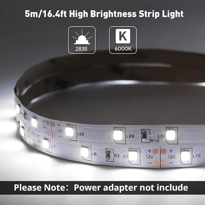 Lepro 12V LED Strip Light, Flexible, SMD 2835, 16.4ft Tape Light for Home, Kitchen, Party, Christmas and More, Non-Waterproof, Daylight White(Not Include Power Adapter) (Pack of 2)
