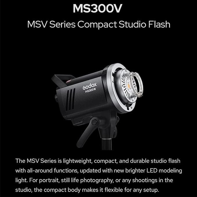 Godox MS300V 300W Compact Studio Strobe Flash Light - MS300 Upgraded Ver. | GN58 0.1-1.8s Recycle Time, 2.4G Wireless X System, Bowens Mount LED Modeling Lamp, for Photographic Studio Portrait Shooting