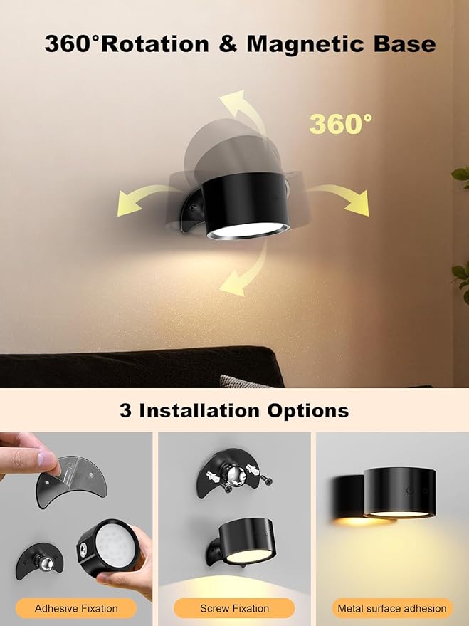 Smiling Shark Wall Light F9, Rechargeable Wall Mounted Lamp LED 3 Color & 4 Brightness Stepless Dimming 360° Rotate Magnetic Ball Cordless Wall Sconce Lamp for Bedroom Reading Bedside (1, Black)