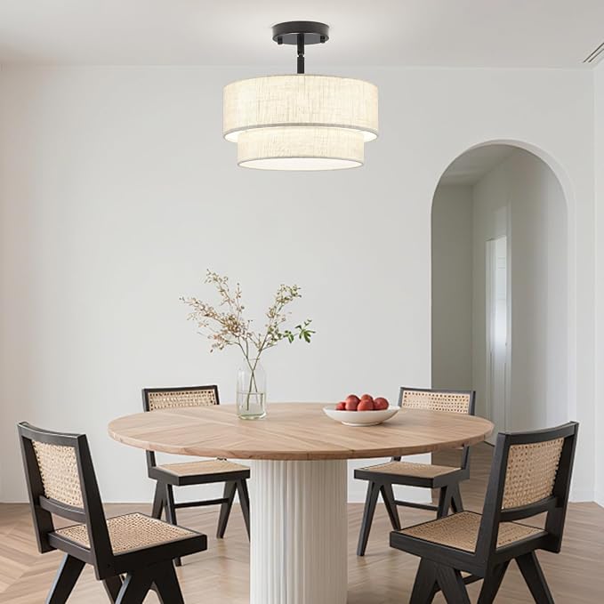 3-Light Semi Flush Mount Ceiling Light, 12.6 Inch Drum Black Chandelier Fabric Metal Kitchen Light Fixture, Dimmable Dining Room Light Fixture E26 Base Chandeliers for Living Room Bedroom
