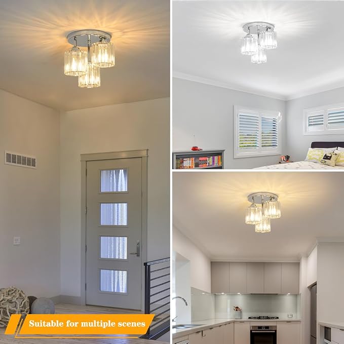 Lxybcce Crystal Ceiling Light Fixture, Chrome Semi Flush Mount Ceiling Light Fixture, 3-Light Hallway Lighting with Clear Crystal Shades for Kitchen Entryway Bedroom Bathroom Foyer, E26