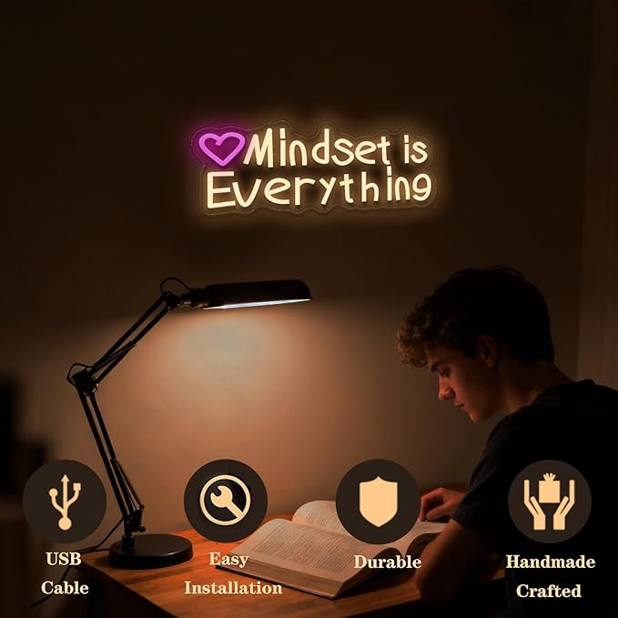 Mindset is Everything neon sign, suitable for classroom wall decoration, back-to-school season, graduation season, student gifts. Dimmable, USB powered, pink heart-shaped inspirational neon light.