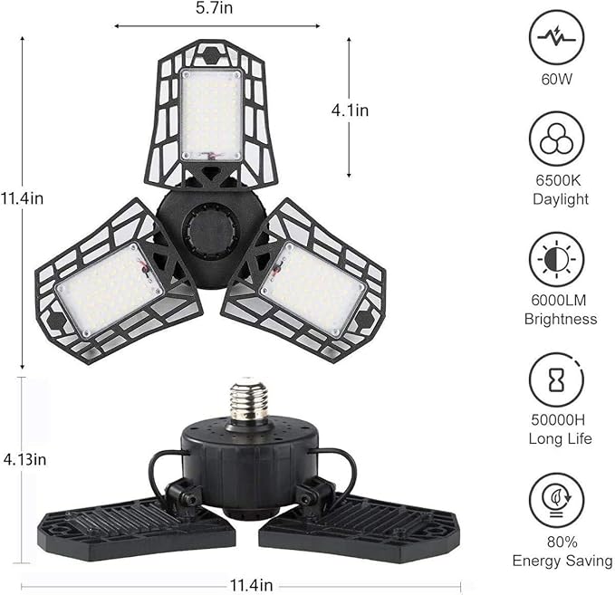 Deformable LED Garage Light - 6000 Lumen 4500K Neutral Light 60W, Three Leaf Garage Organization Ceiling Lighting 1-Pack