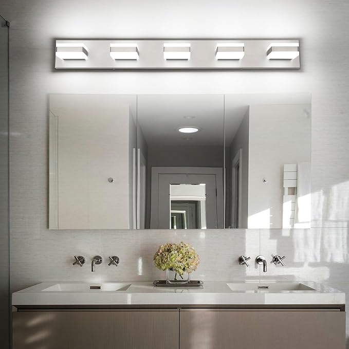 SOLFART 5 Light Bathroom Vanity Light, Brushed Nickel Vanity Lighting Fixtures Over Mirror, Modern LED Lights for Bathroom Cool Light 6000K