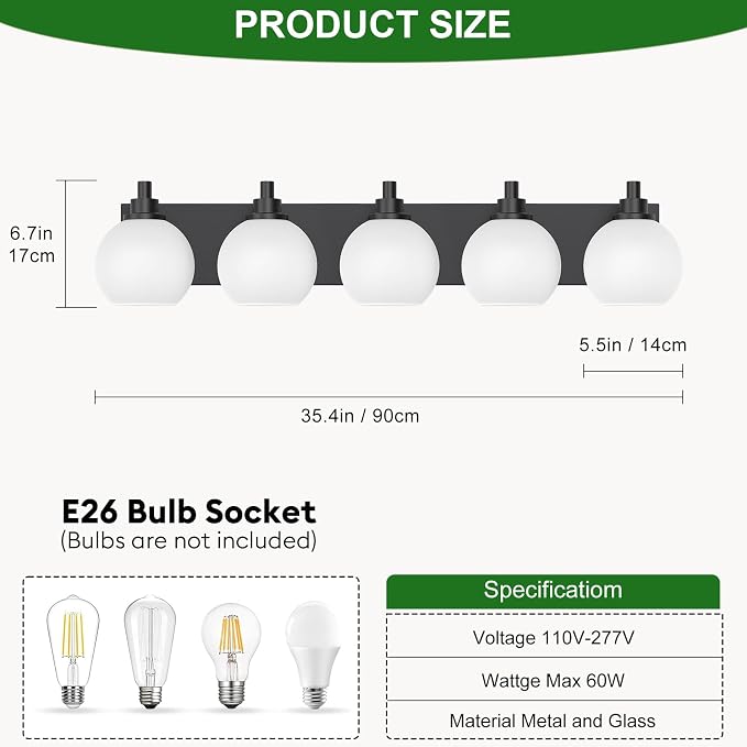 IZORRO Bathroom Light Fixtures, 5-Light Matte Black Vanity Light, Modern Wall Sconces with Globe Milk White Glass Shade, Vanity Lighting Fixtures Over Mirror,E26 Bulb Socket