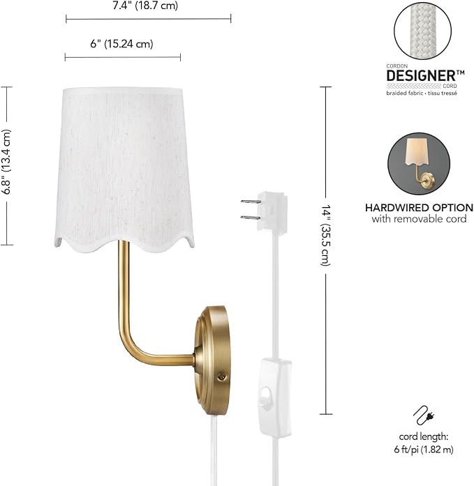 Novogratz x Globe 1-Light Hardwire or Plug-in Wall Sconce, Matte Brass, White Fabric Shade, in-Line Rocker Switch, 6 Ft Fabric Cord Included