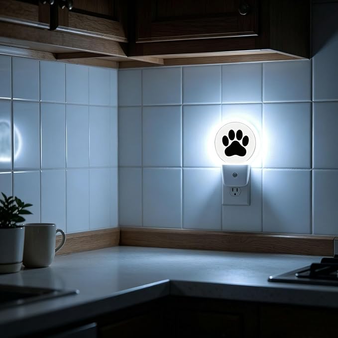 Nightlight Dog Paw Plug-in Night Lights Dusk to Dawn | Animal Puppy Black Cartoon Footprint Night Light LED Round Lamp with Auto on/off Sensor for Kitchen Hallway Bedroom Bathroom