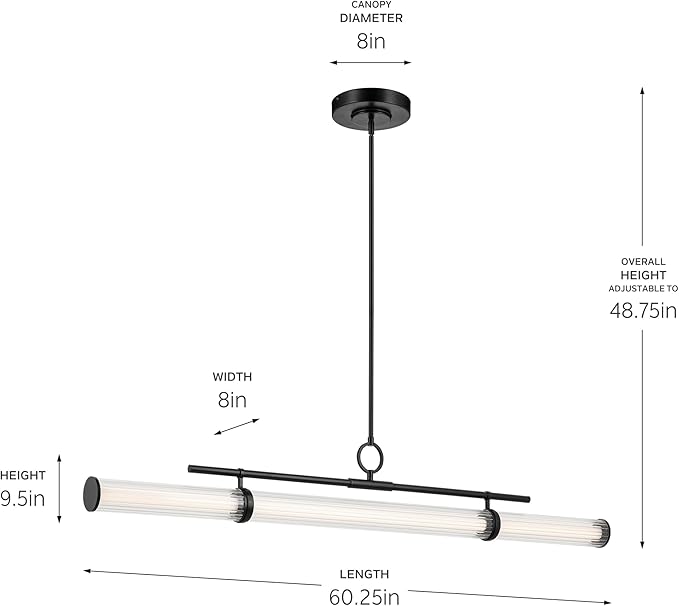 Kichler Riven LED 1-Light Linear Chandelier with Clear Fluted Glass in Black, Sloped Ceiling Compatible, for Kitchen or Dining Room (9.5" x 8" x 60.25"), 52754BKLED