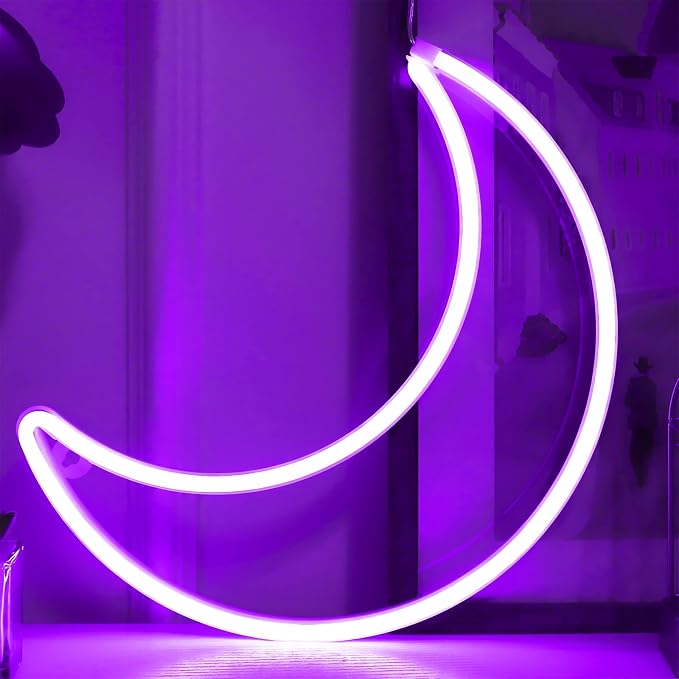 LED Purple Moon Neon Sign Light, Battery or USB Powered 5V Cute Room Decor | Art Decorative Night Lights Halloween Decorations for Girls, Window, Wall, Home, Bedroom, Office, Dorm, Party, Wedding