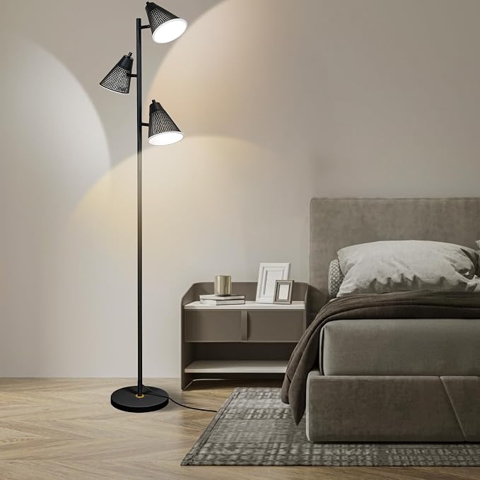LALISU Tree Floor Lamp for Living Room, Industrial 3-Light Standing Lamp with 3 LED Bulbs, Adjustable Rotation Heads, Standing Tall Pole Lamp Reading Lamps for Bedroom Office (Black Hollow-Carved)