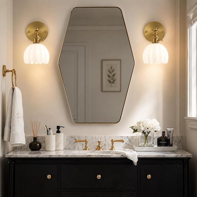 1-Light Gold Brass Bathroom Light Fixture,Wall Sconces set of 2,Brushed Gold Vanlity Light Over Mirror,Bathroom Vanity Light with White Tulip Glass Flower Shade,E26 Socket(Bulbs Not Included)