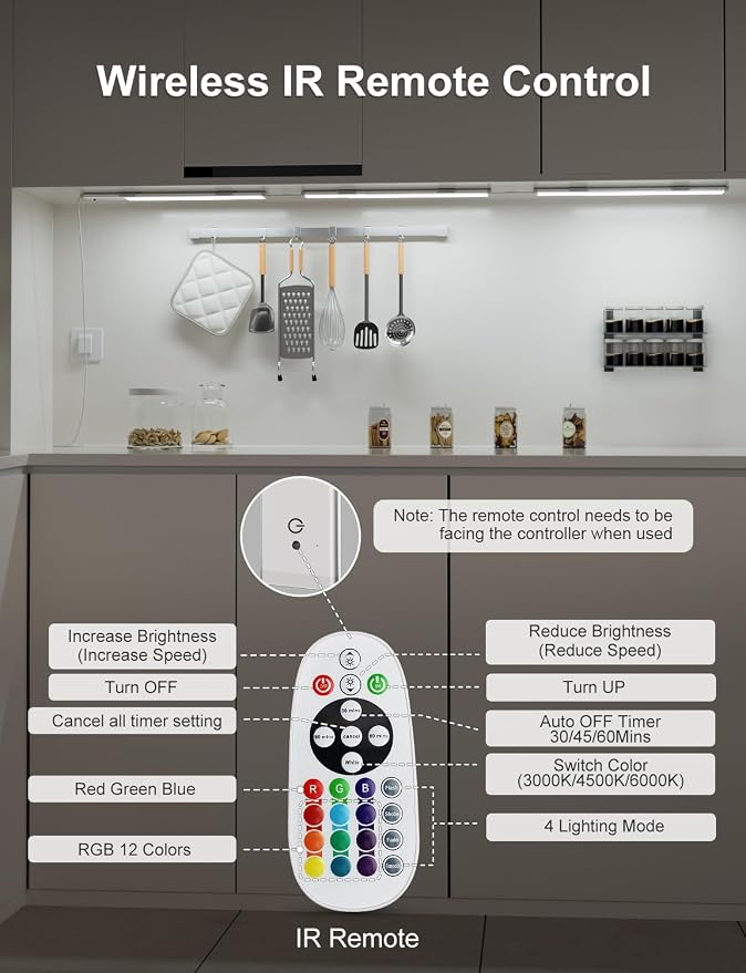 RGB Under Cabinet Lights Plug-in, 12 Inch, 3 Pack | Remote,Under Cabinet lighting, Dimmable, LED Light Bar for Kitchen, Multi-Color for Desk, Closet