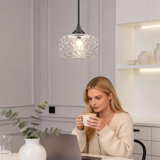 Daunton Black Pendant Light Fixtures, Pendant Lights Kitchen Island with Hammered Glass Shade for Modern Kitchen Island, Adjustable Hanging Ceiling Pendant Light for Dining Room Kitchen Sink Bathroom