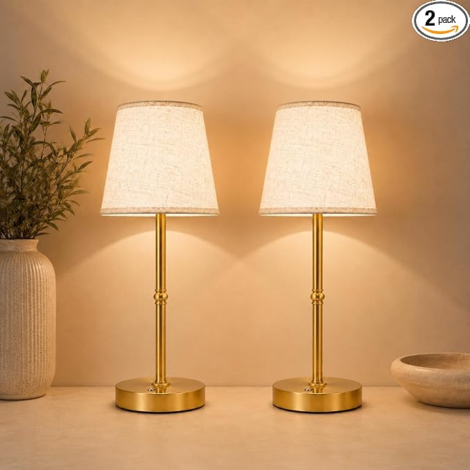 Cordless Table Lamp Rechargeable, 6000mAh Battery Operated LED Lamp with USB-C, Touch Control Stepless Dimmable Small Gold Fabric Lamp for Kitchen Counter, Small Spaces, Bedroom, Living Room 2PCS