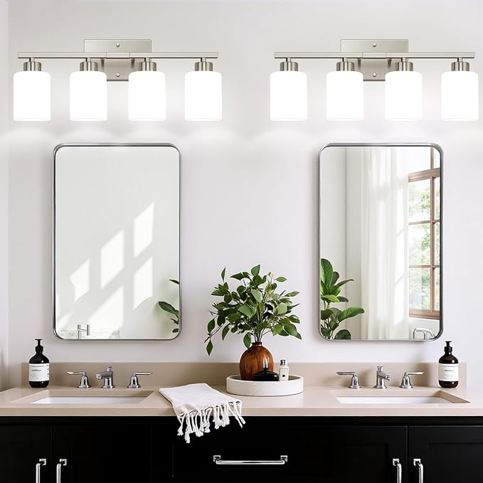 Brushed Nickel Bathroom Light Fixtures with Milk Glass Shades, Eye-Friendly 4 Light Vanity Lights for Bathroom, Vanity Lights with E26 Socket (Bulbs Not Included), for Mirror, Bedroom, Hallway