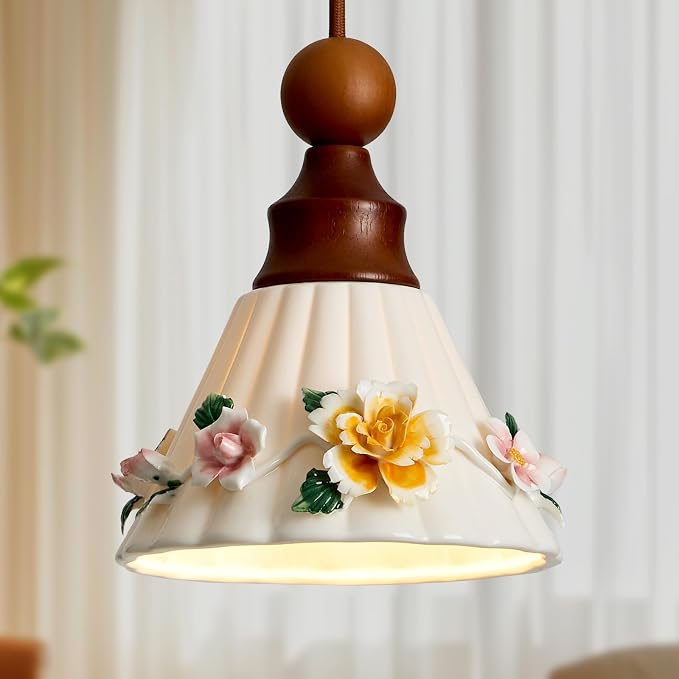 Vintage Ceramic Pendant Light, 6.7in Floral Porcelain Hanging Lamp with wooden Fitting, Mid Century Modern Small Hanging Lighting for Kitchen Island, Bedroom, Girl's Room, Cafe, Nursery, Entrance