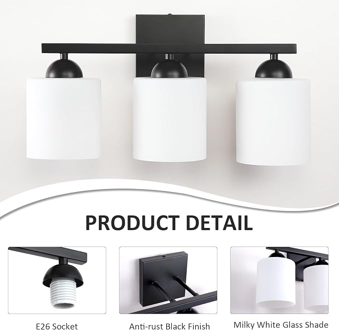 3-Light Matte Black Bathroom Vanity Light, Modern Bathroom Light Fixtures Over Mirror, Farmhouse Wall Sconce with Milky White Glass Shades, E26 Socket