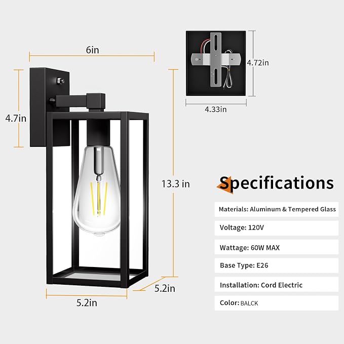 13'' Dusk to Dawn Outdoor Porch Lighting Fixtures Wall Mount, Sensor Exterior Wall Light for House, Ouside Lantern Lamp, Waterproof Wall Sconce Lights, Black Metal Coach Light for Garage Entryway