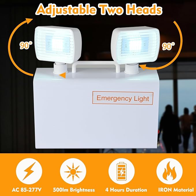 Emergency Light, 500lm 4Hours Battery Powered LED Backup Light Commercial Exit Fixtures for Business Home Office Night Power Failure Outage with Plug in Cord AC85-277V