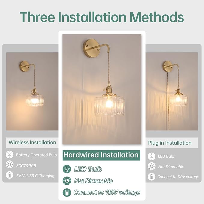 Shenmoyl Vintage Wall Sconce Wall Lamp with Clear Striped Shade Pattern Glass Adjustable Chain Retro Gold Wall Mounted Light, Modern Wall Lamp Fixtures Decor for Bedside Bedroom Indoor Doorway