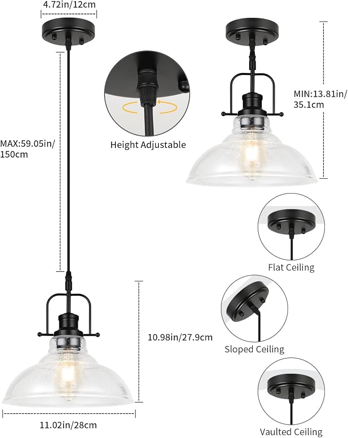 WILON Seeded Glass Pendant Lights Kitchen Island Lighting, Black Modern Farmhouse Pendant Light Fixture with E26 Base, Vintage Hanging Ceiling Lamp for Kitchen Sink Hallway Dining Room Entry Hall | 11'' Seeded Glass Shade, Adjustable Height, E26 Cerami...