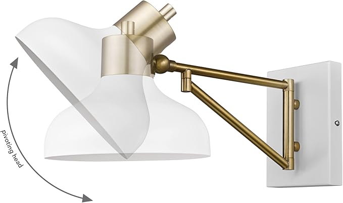 GLOBE Electric 51344 1-Light Plug-in or Hardwire Swing Arm Wall Sconce, White, Brass Accents, White-Cloth Cord, Mounted Bedside Lamp, Kitchen Sconces Wall-Lighting, Bulb Not Included (Pack of 2)
