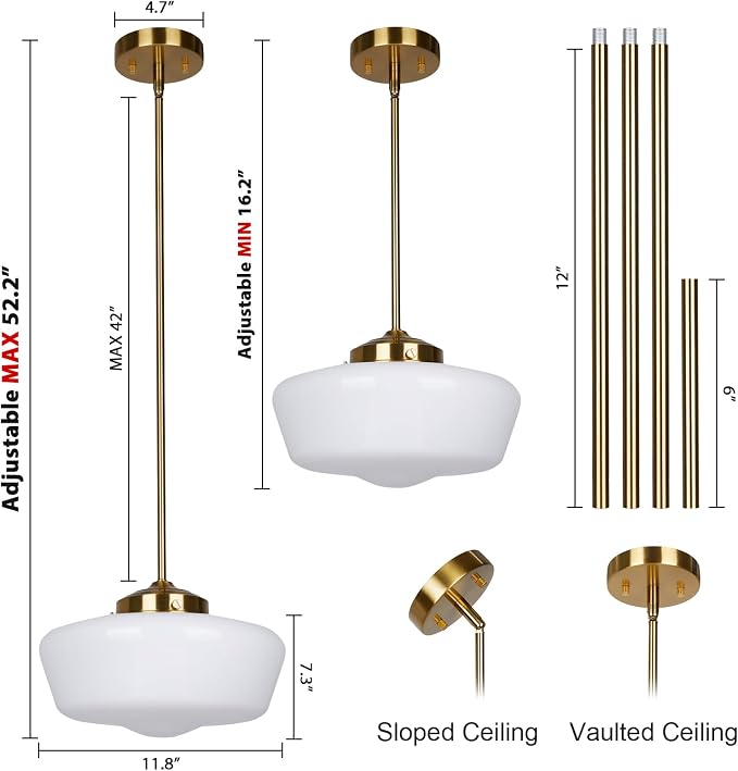 Schoolhouse Pendant Light Fixture, 12" Brass Hanging Light with Opal Milk Glass Shade, Adjustable Farmhouse Globe Pendant Light for Kitchen Island, Dining Room, Hallway, Entryway, Laundry, Bedroom