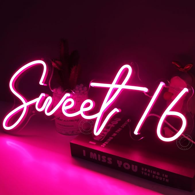 SYLHOME Pink Sweet 16 LED Neon Light Sign 17"X7.3" 5V Sweet Girls Adults Bedroom Happy Birthday Party Wall Decor Beautiful Bestie Sister USB