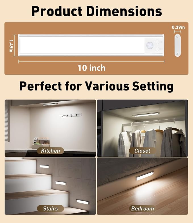 SZOKLED 68-LED Motion Sensor Light Indoor, 10inch Closet Lights Rechargeable, Dimmable Under Cabinet Lighting for Kitchen, Stair, Wardrobe, Pantry, 4Pack