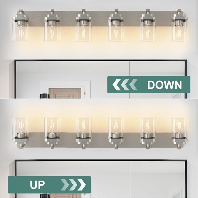 Brushed Nickel Bathroom Light Fixtures, 6 Lights Bathroom Lighting Fixtures Over Mirror, Square Design & Rectangle Large Backplate, Modern Vanity Lighting Fixtures, for Living Room/Bedroom